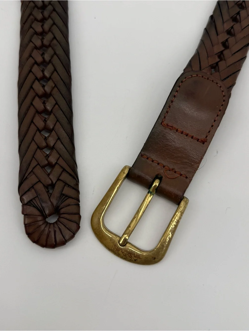 L.L. Bean Brown Braided Full Grain Leather Belt Brass Buckle Size 40